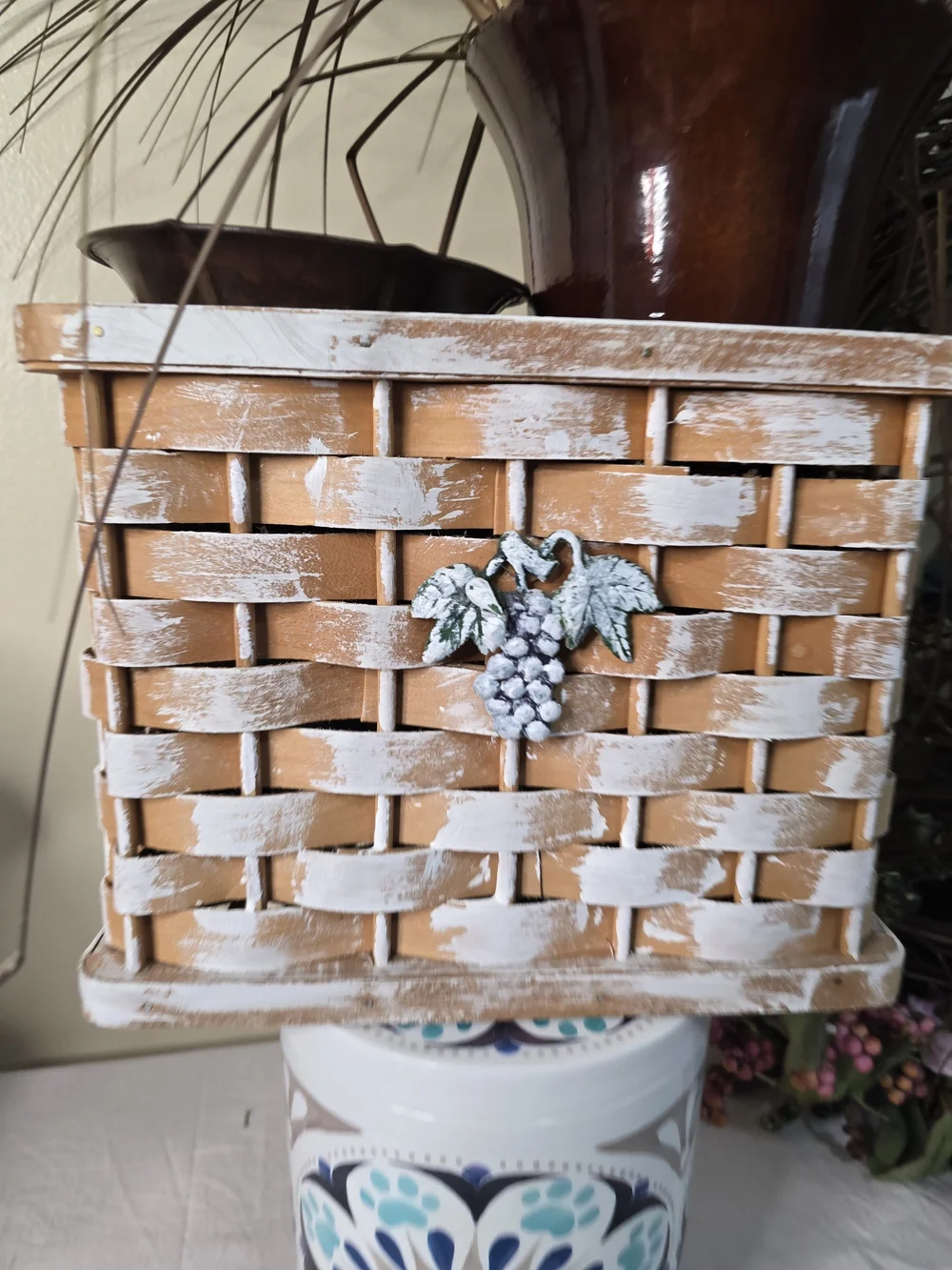 Rustic Distressed Wooden Double Basket Planter / Storage Caddy with Handle